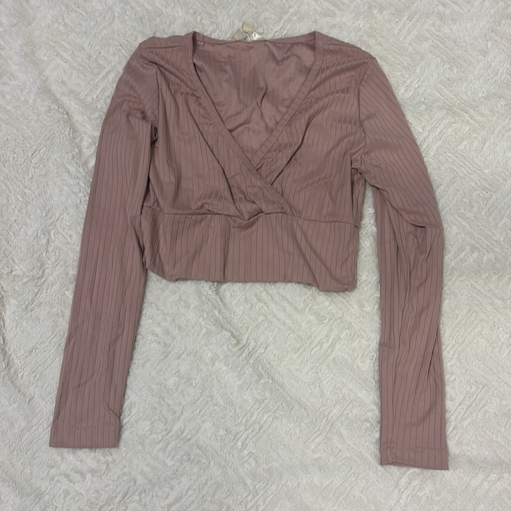 No Comment Ribbed Crop‎ Top Long Sleeve Surplice Blouse Pink Beige Size L